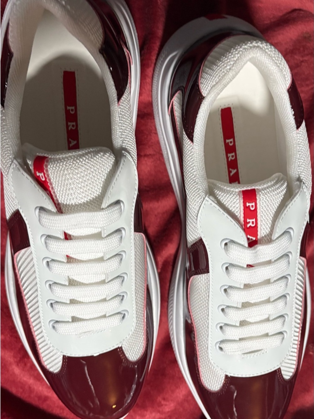 Prada White and Burgundy Low-Top Men's Sneakers - Picture 3 of 6
